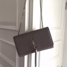 Load image into Gallery viewer, Yves Saint Laurent Medium Monogram Tassel Satchel In Grey Crocodile Leather
