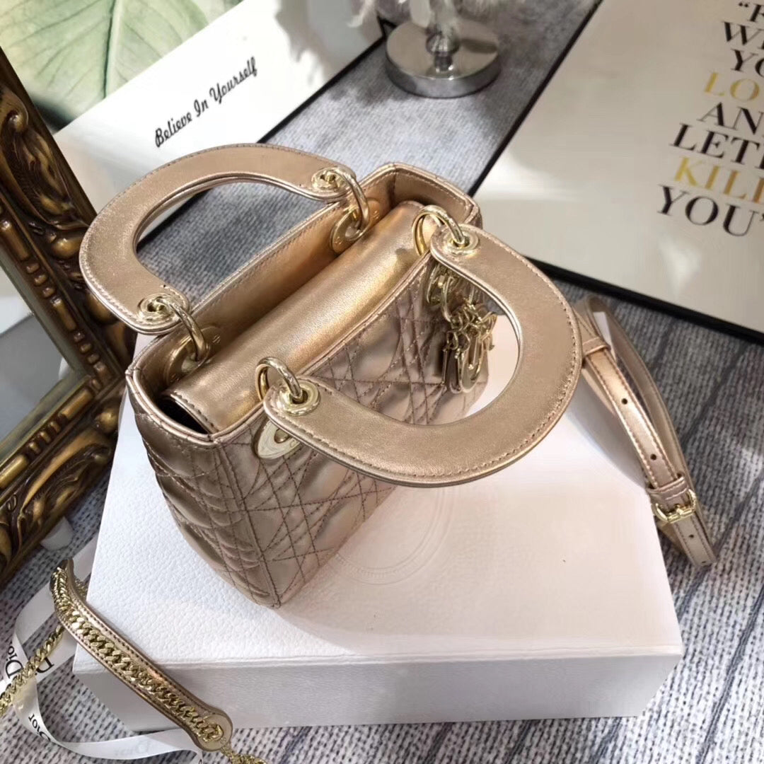 Dior Lady Dior Mini Chain Bag In Gold Metallic Calfskin – Green Go