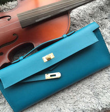 Load image into Gallery viewer, Hermes Turquoise Handcrafted Kelly Cut Clutch
