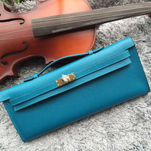 Load image into Gallery viewer, Hermes Turquoise Handcrafted Kelly Cut Clutch
