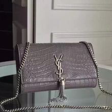 Load image into Gallery viewer, Yves Saint Laurent Medium Monogram Tassel Satchel In Grey Crocodile Leather
