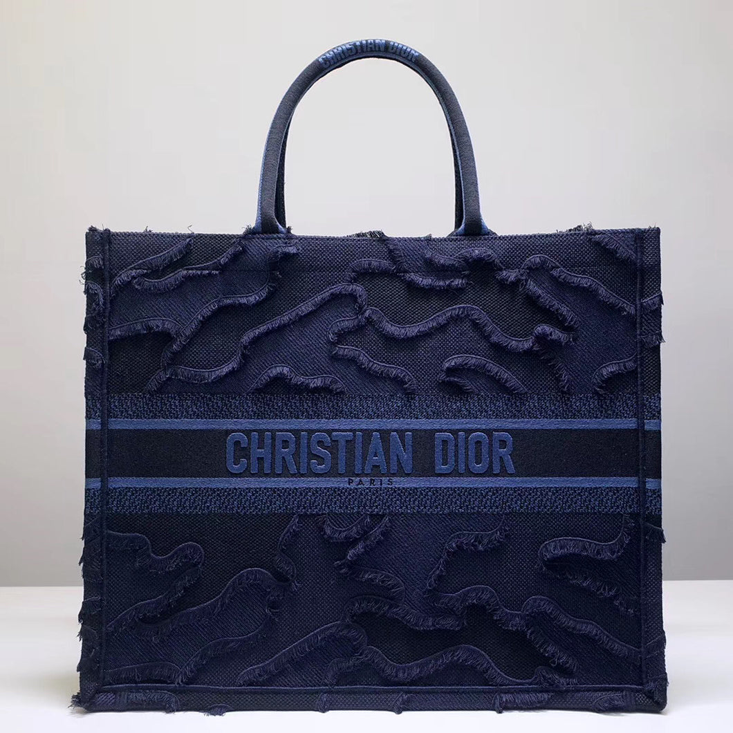 Dior Book Tote Bag In Blue Camouflage Embroidered Canvas