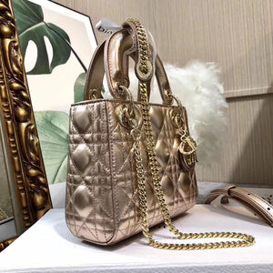 Dior Lady Dior Mini Chain Bag In Gold Metallic Calfskin – Green Go