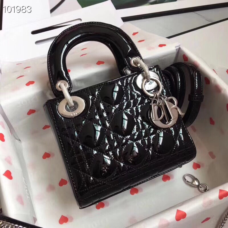 Dior Black Patent Mini Lady Dior Bag With Chain