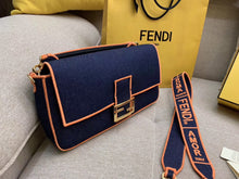 Load image into Gallery viewer, Fendi Large Baguette Bag In Blue Denim With Orange Trim
