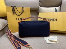 Load image into Gallery viewer, Fendi Large Baguette Bag In Blue Denim With Orange Trim
