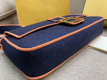 Load image into Gallery viewer, Fendi Large Baguette Bag In Blue Denim With Orange Trim
