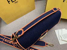 Load image into Gallery viewer, Fendi Large Baguette Bag In Blue Denim With Orange Trim
