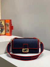 Load image into Gallery viewer, Fendi Large Baguette Bag In Blue Denim With Red Trim
