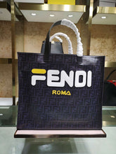 Load image into Gallery viewer, Fendi Black Glazed Fabric Shopper White Logo Bag
